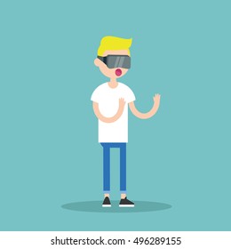 Young blond teenage boy wearing virtual reality glasses / flat editable vector illustration