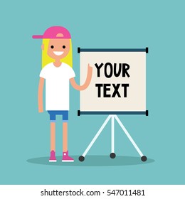 Young blond teenage girl pointing on the flip chart. Your text here / flat editable vector illustration