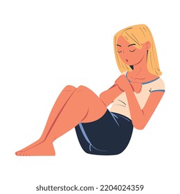 Young Blond Woman Character Doing Abdominal Crunches as Sport at Home Vector Illustration