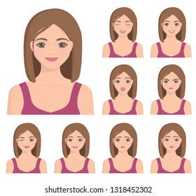 Young blond woman with different facial expressions set. European girl whith emotions