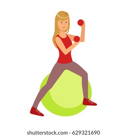 Young blond woman exercising on green fitball, with red dumbbells in her hands. Colorful cartoon character