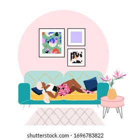 Young blond woman laying on a sofa at home. Sleeping beauty. Stay at home concept. Protect yourself and others. Modern apartment interior design.Frames on a wall and house plant in a vase. 