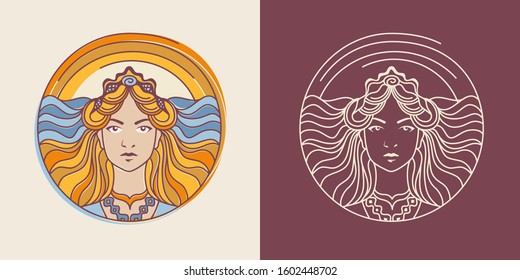 Young blond woman on the ocean and sunrise background. Eos, Greek goddess of dawn, Logo or emblem. Editable stroke