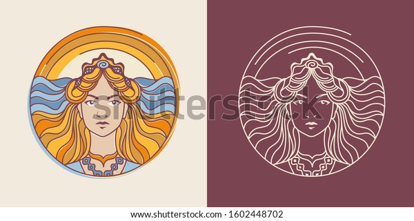 Young blond\
woman on the ocean and sunrise background. Eos, Greek goddess of\
dawn, Logo or emblem. Editable\
stroke