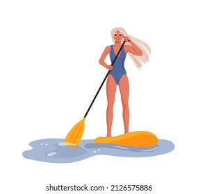 Joven rubia a bordo. Chica vectorial de estilo plano con remo parado en la tabla de surf, carácter surfista. SUP standup paddleboard actividad o paddle surf en las vacaciones de verano y deportes acuáticos