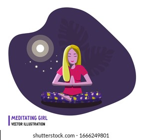 Young blond woman practicing evening meditation in the moonlight. Yoga practice at night. Namaste hands and peaceful meditation. Vector illustrated blond girl doing yoga and meditation outdoor.