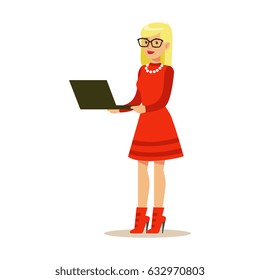 Young blond woman in a red dress standing and using laptop. Colorful character vector Illustration