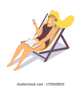 Young blond woman relaxing with drink on beach chair with book. Isometric character design good for hotel and resort concept illustration. Tropical weather, swimsuit beachwear