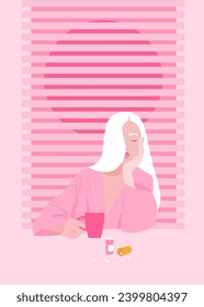 Una joven rubia se sienta en una habitación brillante y sufre. Depresión e insomnio. Ilustración plana del vector