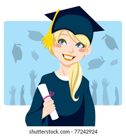 Young blond woman smiling celebrating graduation day holding diploma in her hand