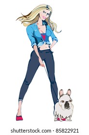 Young blond woman in sports clothing walking with a white French Bulldog