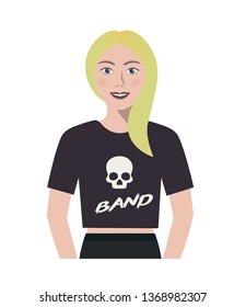 Young blond woman/teenager in a band t-shirt, festival modern look.  Avatar vector eps 10