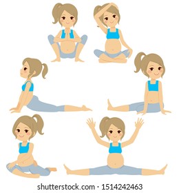 Young blonde beautiful pregnant woman set poses collection training and exercising