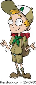 young blonde boy scout with hat and equipment