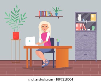 Young blonde business woman at the desk is working on the laptop computer vector illustration. Secretary in office workspace, businesswoman person, trainee sitting at a table typing with keyboard