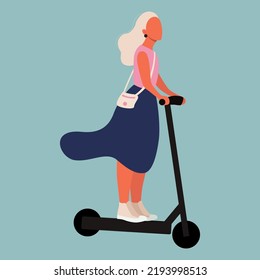 Young Blonde Female Character Driving Scooter Flat Vector Illustration Isolated On Blue Background