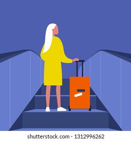 Young blonde female passenger going up on the escalator with the baggage. Airport. Subway station. Travel. Flat editable vector illustration, clip art