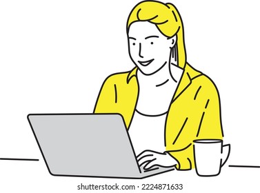 Young blonde female using laptop computer while siting one table illustration line art.