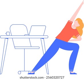 Young blonde freelance worker or office employee stretching her body near her desk with laptop and coffee cup, taking a break from work, simple colorful flat vector illustration