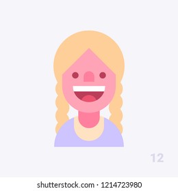 Young blonde girl with braids friendly smiling. Modern simple and clear design. Vector icon in flat style.