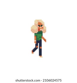 Young blonde girl character. Pixel art flat style. Game assets. 8-bit. Isolated abstract vector illustration.