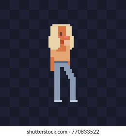 Young blonde girl character. Pixel art flat style. Game assets. 8-bit. Isolated abstract vector illustration.