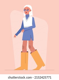 A young blonde girl in fashionable clothes. A woman in a dress with yellow boots and a white vest. Flat vector illustration