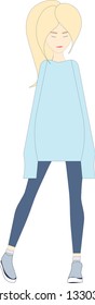 Young blonde girl in a knitted sweater and blue leggings. Character-vector graphics.