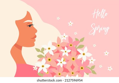 A young blonde girl with long, curly hair. Avatar of a woman in profile holding a bouquet of flowers, daffodils. Hello spring greeting card, banner. Vector illustration flat