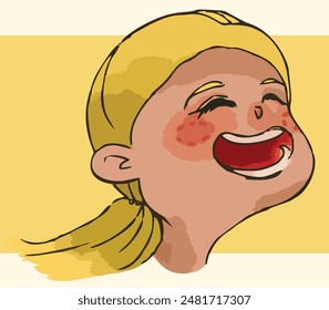 YOUNG BLONDE GIRL WITH PIGTAIL SMILING CHEERFULLY