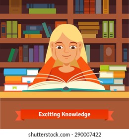 Young blonde girl reading a book in a library amazed and smiling holding hands on cheeks.  Flat vector illustration.