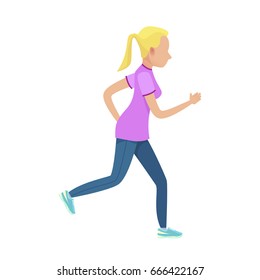 Young blonde girl running vector illustration. Shapely female dressed in purple t-shirt, blue leggings and navy sneakers.
