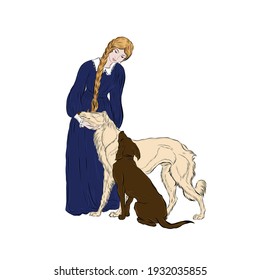 young blonde girl with scythe and two dogs. Girl in a blue dress. Hand drawn vector for illustrating books, postcards
