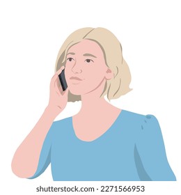 a young blonde girl is talking on the phone. vector flat illustration