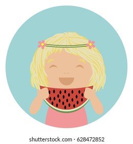 young blonde girl with watermelon, summer illustration