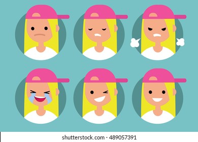 Young blonde girl wearing pink cap profile pics / Set of flat vector portraits: upset, offended, angry, laughing, winking, smiling