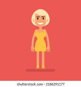 Young blonde girl in yellow dress stands and smiles. Flat people. Vector Illustration