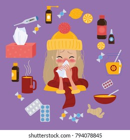 Young blonde girl in yellow hat caught cold flu or virus. She has red nose, high temperature and holds napkin. Ways to treat illness. Pills, honey, tea. Vector isolated objects on background