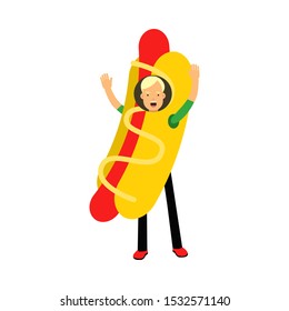 Young Blonde Guy Character Standing Wearing Hot Dog Costume And Waving Hands Vector Illustration