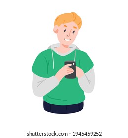 Young blonde happy guy in a green sweatshirt is texting on the phone. Vector cartoon illustration. Character design.