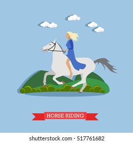 Young blonde lady riding white graceful horse. Horse riding concept vector illustration in flat style.