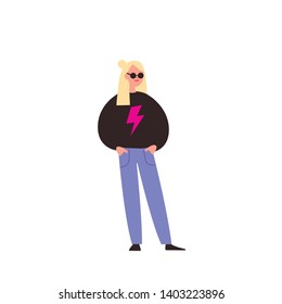 Young blonde long hair girl in sweater, cardigan and sun glasses standing up straight with hands in pockets flat vector illustration.