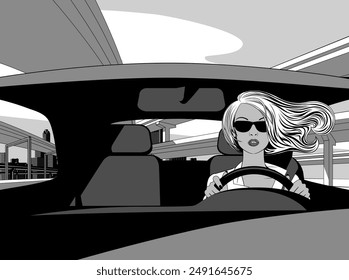 A young blonde with loose hair is driving a car against the background of an overpass on the highway and an urban landscape. Linear drawing in black, white and gray.Vector illustration