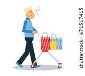 Young blonde man in casual clothes walking with a shopping cart and a whistling a tune cartoon character vector Illustration