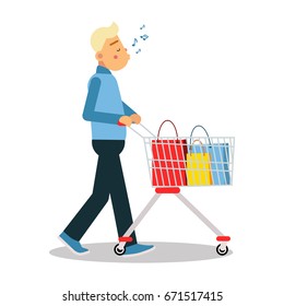 Young blonde man in casual clothes walking with a shopping cart and a whistling a tune cartoon character vector Illustration