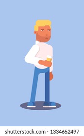Young blonde man flat color illustration. Caucasian in bad mood holding coffee character. Businessman. Short haired worker in casual clothes. Cartoon vector drawing. Isolated design element