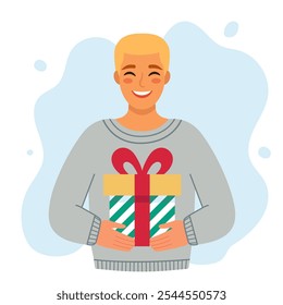 Young blonde man holding a gift. Christmas design. Vector simple flat illustration