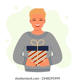 Young blonde man holding a gift. Christmas design. Vector simple flat illustration