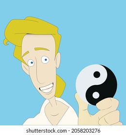 Young blonde man holding a Yin Yang symbol flat design