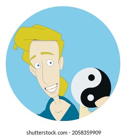 Young blonde man holding a Yin Yang symbol round sticker label